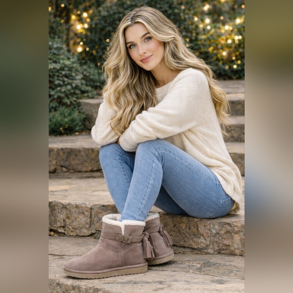 UGG Suede Shearling Tassel Ankle Boots, Size 8